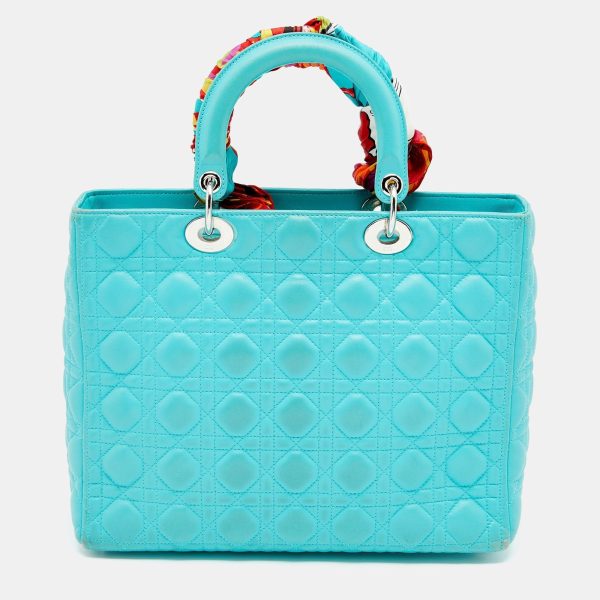 DIOR Turquoise Blue Cannage Leather Large Lady  Tote Hot on Sale