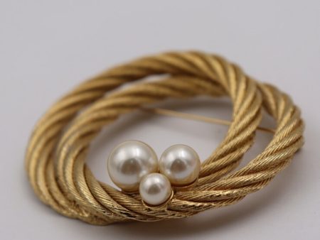 CHRISTIAN DIOR Brooch Metal Fake Pearl Gold Pin Rope Supply